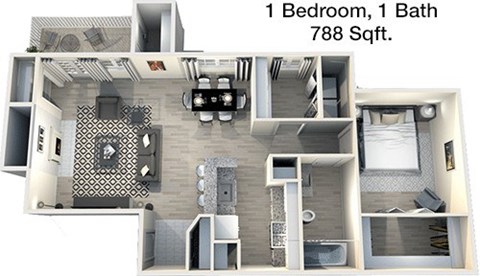 Floor plan for 1 bed, 1 bath, 788 sqft